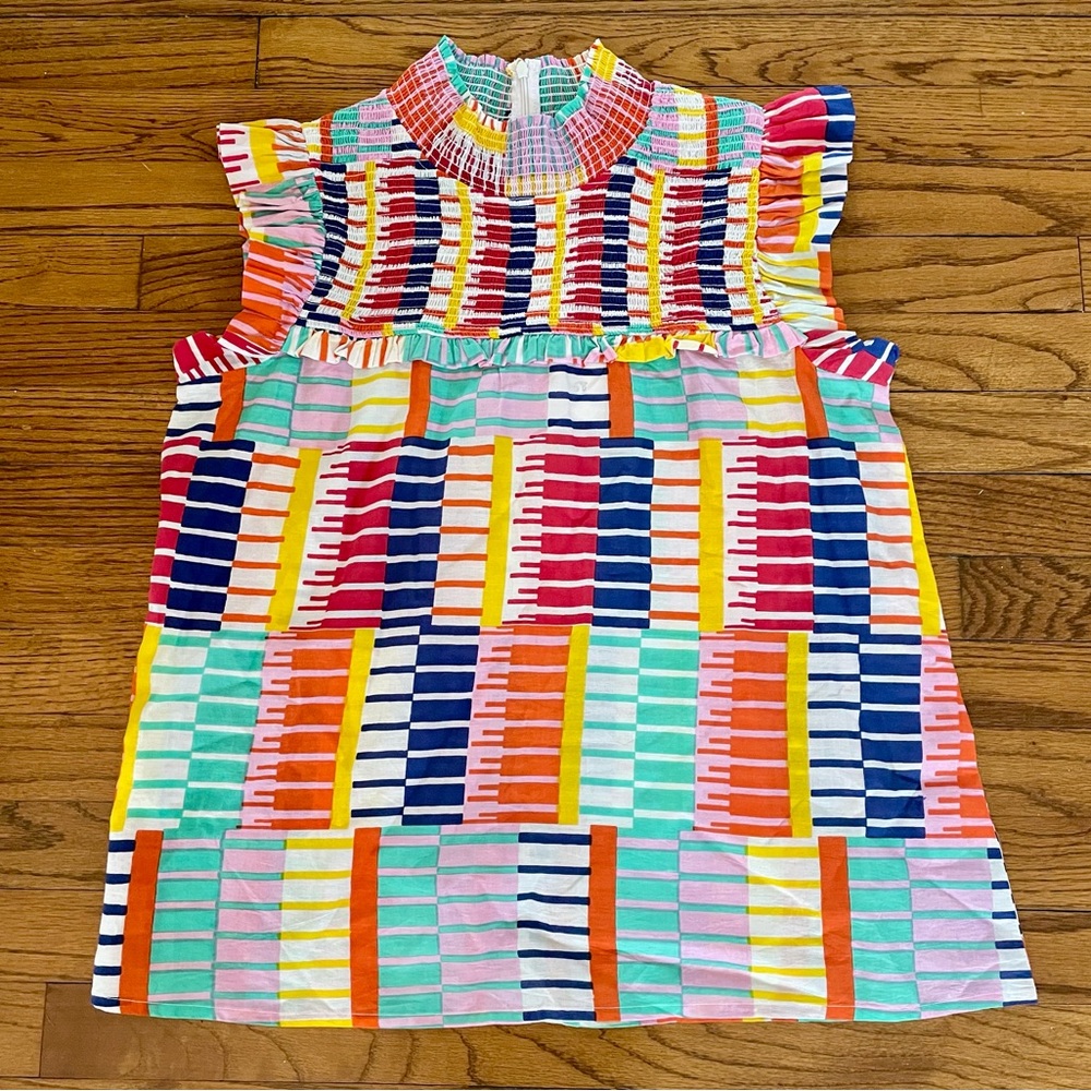 THML Multicolor Striped Smocked Ruffled Sleeveless Blouse Top XL Fits like M